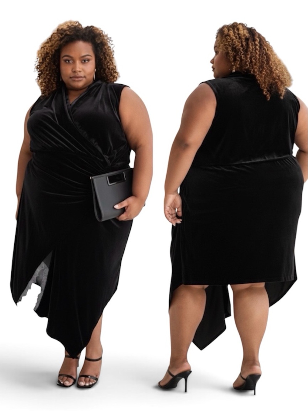 NWT Ashley Graham X Peppercorn Black Velvet Asymmetrical Dress Lace Trim Size 1X